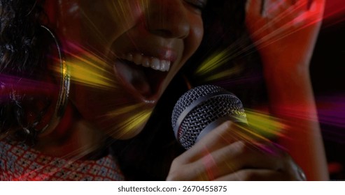 Performing singer hitting high notes in karaoke booth, with mic, hoop earrings and colorful lights. Vibrant, energetic, stage, performance, entertainment, dynamic, spotlight