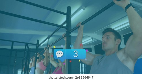 Performing synchronized pull-ups three classmates wearing sportswear at gym, with pull-up bars. Fitness, strength, workout, training, exercise, athletic, health