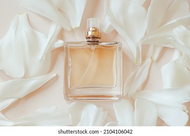 Perfume bottle and flower petals on pastel beige background. Natural cosmetics with aromatic oil. Design for advertising product. Copy space.