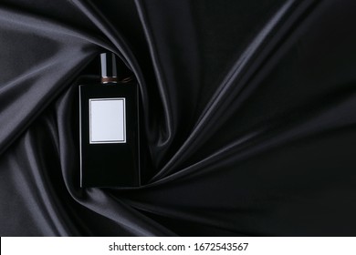 Perfume Bottle On Silk Folded Fabric Background.packaging Design Mock Up. Scent Fragrance Cosmetic Beauty Product Promo Ad Banner. 