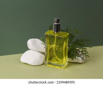 Perfume bottle with pebbles and fir twig on green two tone background. Aesthetic beauty still life - Shutterstock ID 2199489395