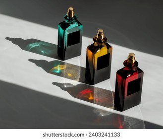 perfume bottle photography idea. men's and women's perfume. Perfume bottle with blank label on studio decorative background. Girl ,man perfume. Modern Luxury bottle - Powered by Shutterstock