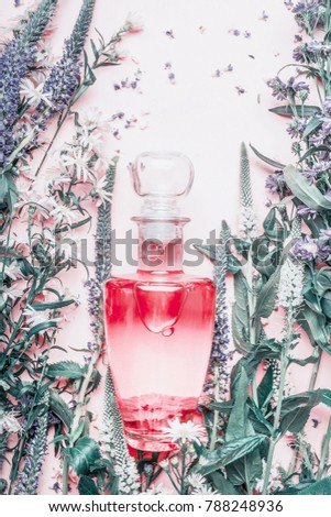Perfume bottle with plants and flowers, top view. Perfumery, cosmetics, botanical fragrance concept.

