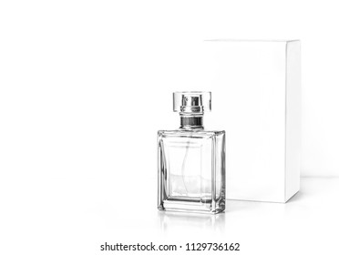 Perfume Bottle And White Packaging Box Mock Up Isolated On White 
