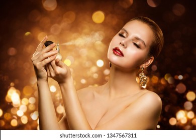 Perfume, Luxury Woman Spraying Fragrance, Aroma And Fashion Model Beauty Portrait