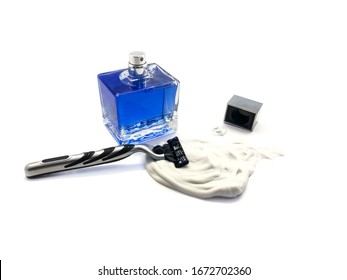 Perfume And Razor Isolated On A White Background. Set Of Razor, Perfume And Shaving Foam. Men's Hygiene. Beard Care. Shave. Kit For Men.