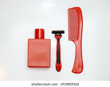 Perfume And Razor On A White Background. Men's Hygiene. Beard Care. Shave. Kit For Men. Set Of Shaving Equipment And Men's Cosmetic Products. For Men.