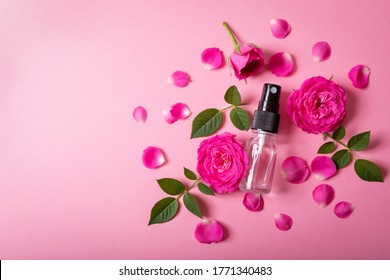 Perfumed Rose Water Spray With Pink Fresh Flowers And Petals On Pink Background With Copy Space