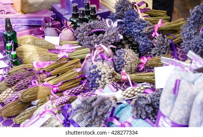 Perfumery, Oil, Soap, Flowers And Other Product From A Lavender On Market Outdoor In Europe