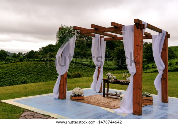 Pergola Decorated Wedding Ceremony Surrounded By Stock Photo Edit