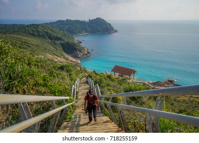 PERHENTIAN KECIL ISLAND, TERENGGANU, MALAYSIA - MARCH, 2017: Scenic view of beautiful coastline, jetty and stairs of a tropical island