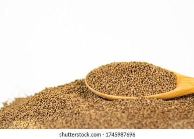 Perilla seeds in wooden spoon pile and heap of Perilla seeds on white background. - Shutterstock ID 1745987696