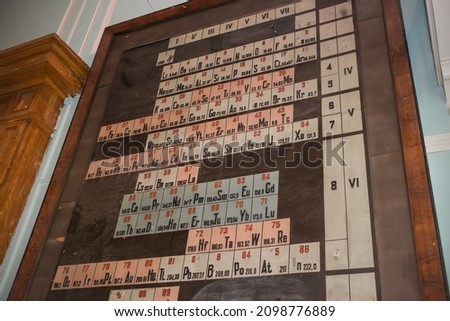 The periodic system of chemical elements. An old wooden one on the wall in the auditorium of the chemistry faculty of the University.