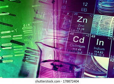 Periodic table of elements and laboratory tools. Science concept