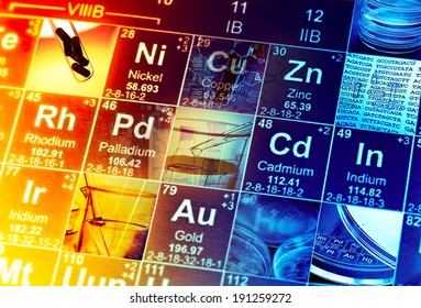 Periodic table of elements and laboratory tools. Science 