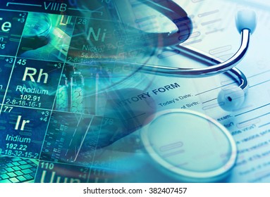 Periodic table of elements and laboratory tools. Science concept