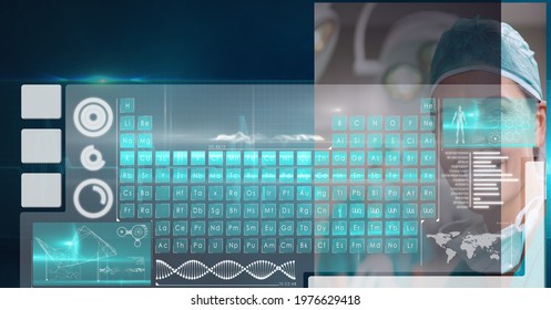 Periodic Table And Medical Data Processing Over Portrait Of Female Surgeon Smiling At Hospital. Medical Research And Technology Concept