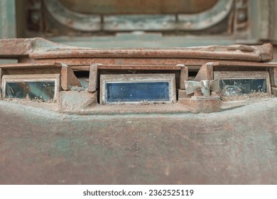 Periscope window on the surface of a tank or self-propelled artillery, close-up.