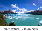 Perito Moreno Glacier high resolution panorama. A large tourist boat on the far right appears miniscule and gives a sense of scale of the glacier height of 74 m (240 ft) above the surface of the water