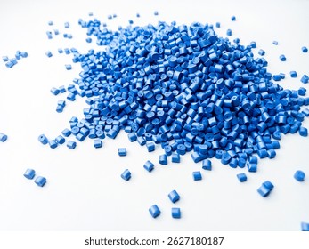 Perl blue masterbatch granule, blue polypropylene polymer granules, cold cutting type granule texture, isolated on white background, for industrial plastic company profile product catalog design