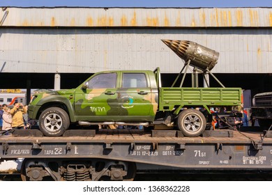 Perm, Russia - April 10, 1019: Improvised Gun Truck Of ISIS Militants Seized As A Trophy By The Russian Army, On A Railway Flatcar