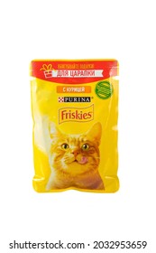 Perm, Russia - August,27, 2021: 85 G Package Of Cat Food With Chicken Friskies.