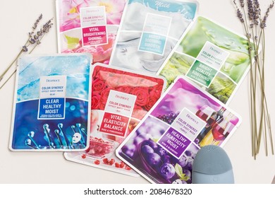 Perm, Russia - February 5 2021: Set Of Cosmetic Face Masks On White  Background. Korean Cosmetics Brand Deoproce. Color Synergy Effect Sheet Mask