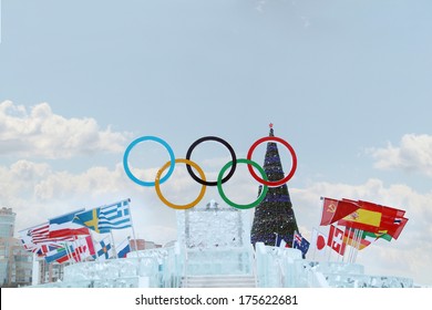PERM, RUSSIA - JAN 6, 2014: Big Symbol of Olympic Games in Ice town, created in honor of Winter Olympic Games 2014 will be in Sochi, Russia.