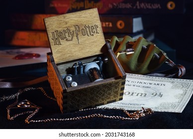 Perm, Russia — May 14, 2018: A Wooden Little Music Box With A Harry Potter Theme