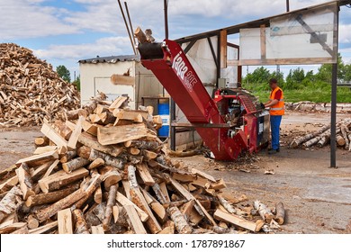 Perm, Russia - May 29, 2020: Modern Firewood Processor In Operation