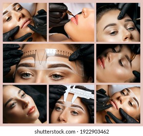 Permanent makeup collage: closeup photos of permanent pigment applying in woman's face