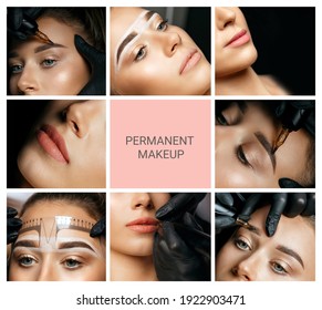 Permanent makeup collage: closeup photos of woman with eyebrow and lip permanent