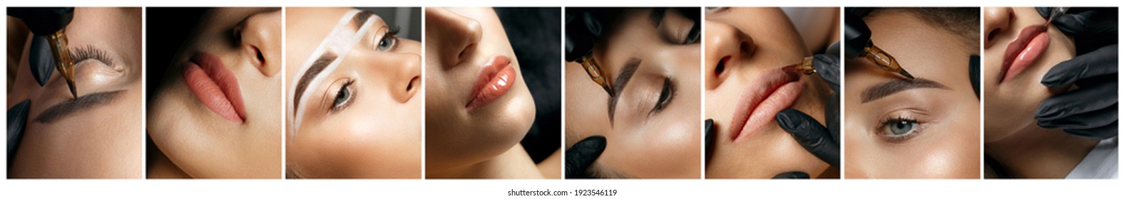 Permanent makeup collage: closeup photos of eyes and eyebrows. Specialist applying permanent pigment