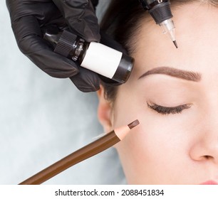 Permanent makeup. Permanent eyebrow tattoo. Cosmetologist applying permanent makeup on eyebrows - eyebrow tattoos. Tattooing. Microblading.