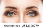 Permanent make-up for eyebrows of beautiful woman in beauty salon. Closeup beautician doing eyebrows tattooing. Collage before and after the procedure.