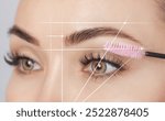 Permanent make-up for eyebrows of beautiful woman in beauty salon. Closeup beautician doing eyebrows tattooing. Collage before and after the procedure.