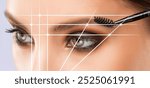 Permanent make-up for eyebrows of beautiful woman in beauty salon. Closeup beautician doing eyebrows tattooing. Collage before and after the procedure.