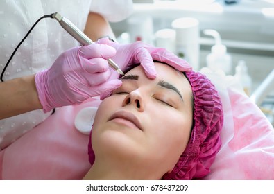 Permanent Makeup Procedure. Eyebrow Make Up. Brow Tattoo. Close Up, Selective Focus.