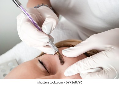 Permanent Makeup Tattooing Of Eyebrows. Cosmetologist Applying Permanent Make Up On Eyebrows - Eyebrow Tattoo