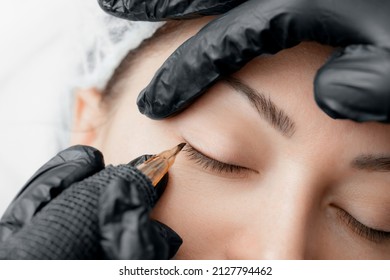 Permanent Tattoo Makeup On Eyelashes Of Eyes Of Young Woman In Beauty Salon.