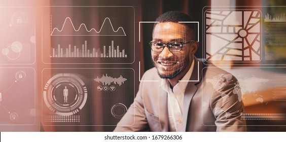 Perosnal Info Collection Concept. Face Scan Of African American Businessman, Double Exposure Of Office And Data On Virtual Screen, Copy Space