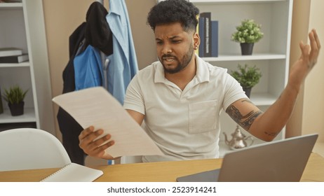 Perplexed african-american man reviewing documents at home, expressing confusion and disbelief. - Powered by Shutterstock