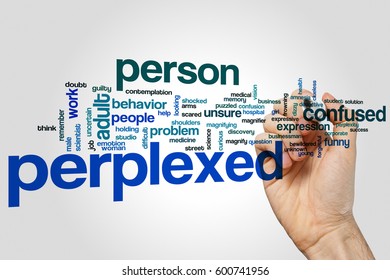 Perplexed word cloud concept on grey background