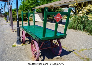 Perryville, MD, USA – August 13, 2022: A Railway Express Agency Baggage Cart At The MARC Rail Station.