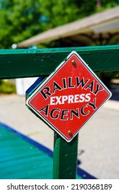 Perryville, MD, USA – August 13, 2022: A Railway Express Agency Baggage Cart At The MARC Rail Station.