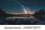 Perseids meteor Shower and the Milky Way silhouette in the foreground. Perseid Meteor Shower observation. Night sky nature summer landscape. Colorful shooting stars