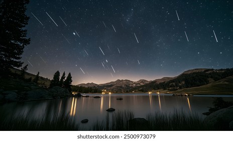 Perseids meteor Shower and the Milky Way silhouette in the foreground. Perseid Meteor Shower observation. Night sky nature summer landscape. Colorful shooting stars