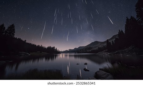 Perseids meteor Shower and the Milky Way silhouette in the foreground. Perseid Meteor Shower observation. Night sky nature summer landscape. Colorful shooting stars