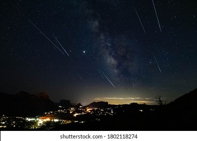 Perseids Meteor Shower Over The Red Rocks Of Sedona, AZ.