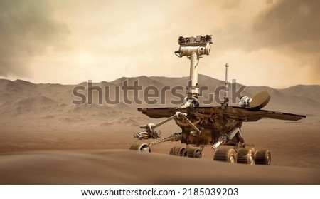 Perseverance Mars Mission. Red planet and rover in surface. Solar system exploration. Elements of this image furnished by NASA